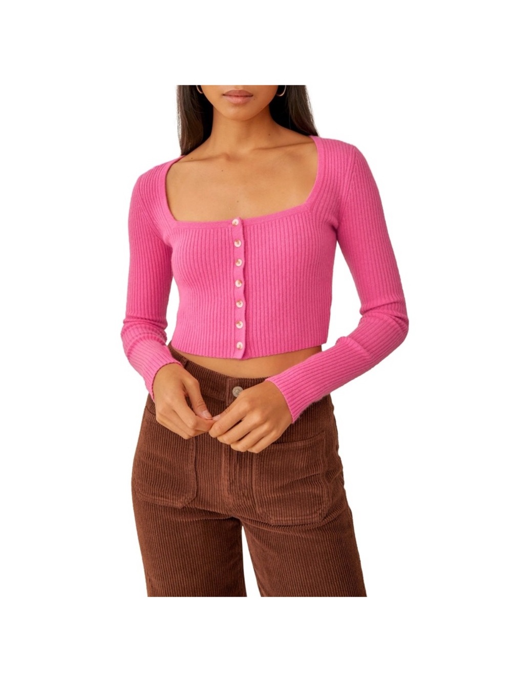Reformation Cashmere Pink Ribbed Square-Neck Button crop top